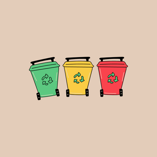 a pink background with a black recycling symbol