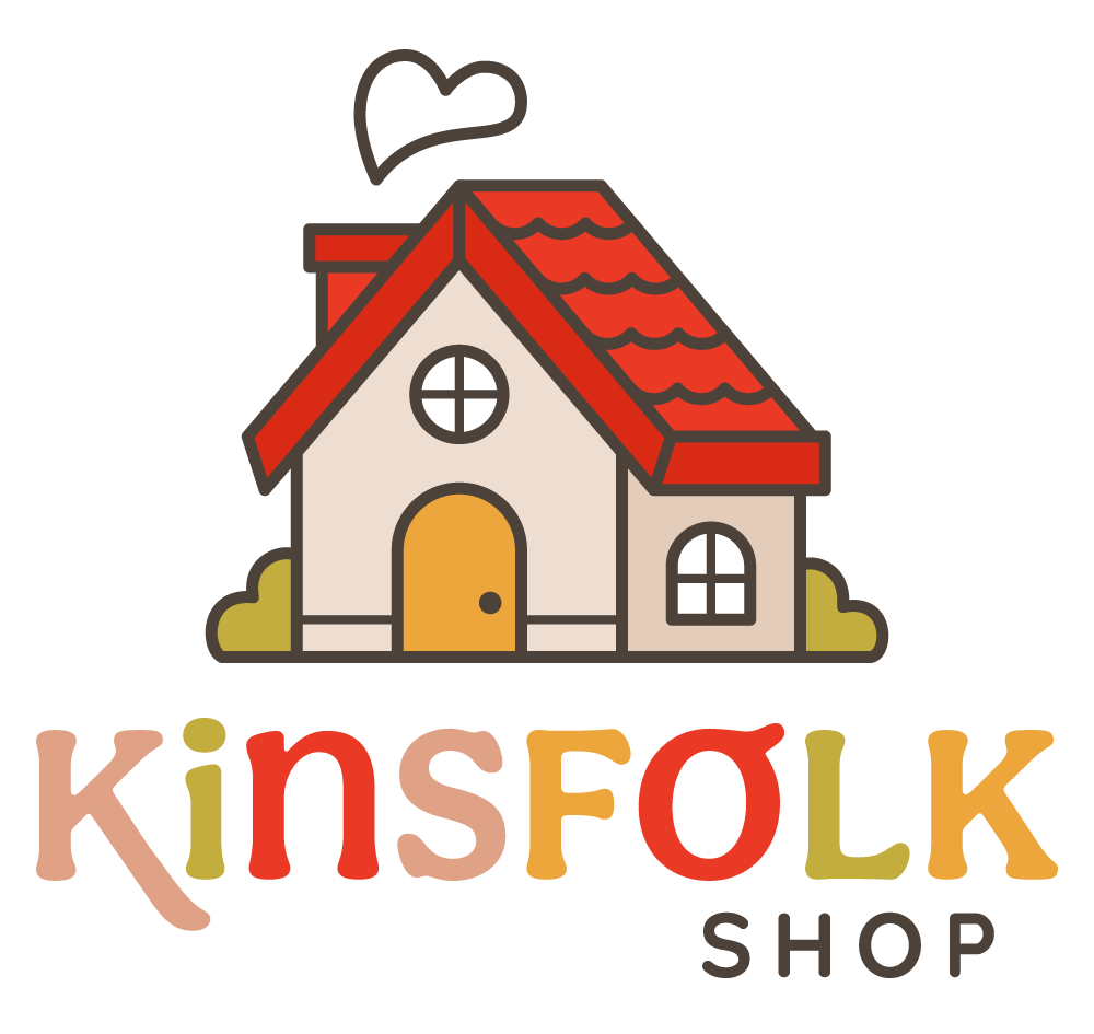 red and beige house logo with rainbow text that says Kinsfolk Shop