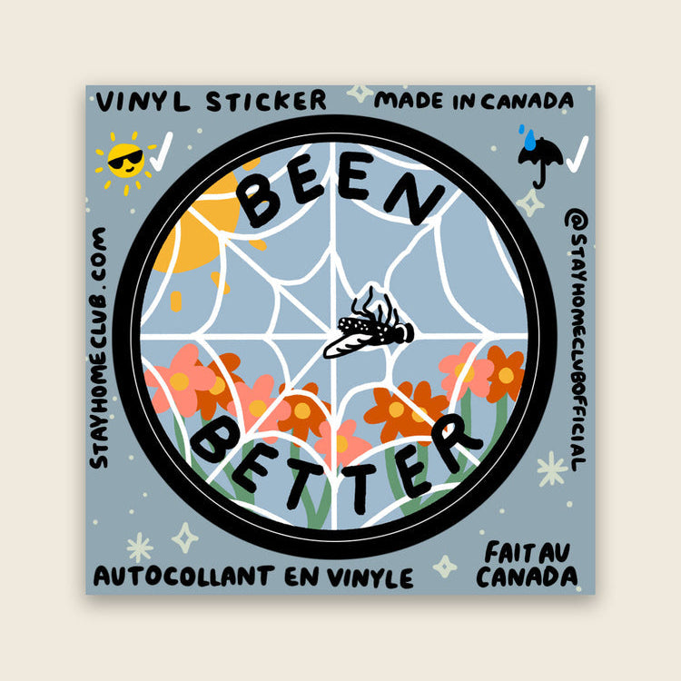 Vinyl sticker with spider web design and text on a light blue background