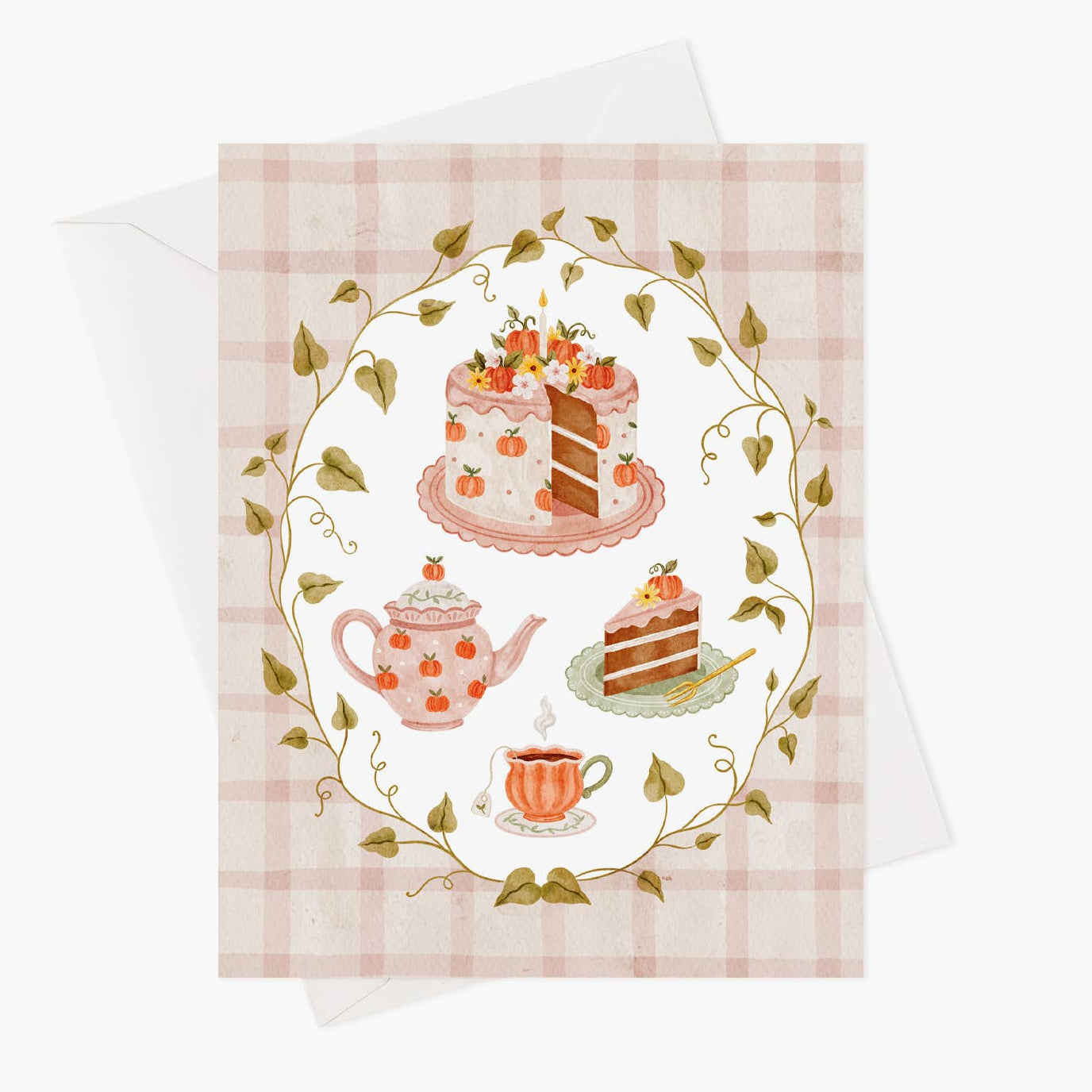 Greeting card with tea party design featuring cake, teapot, and cup on a checkered background