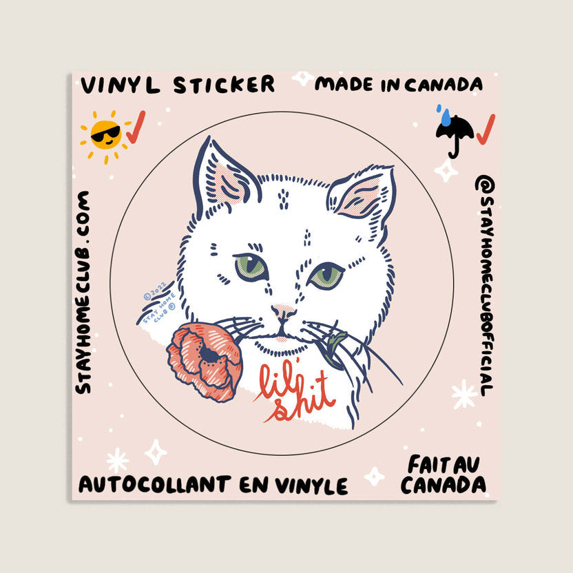 Vinyl sticker with a cat illustration and text on a beige background
