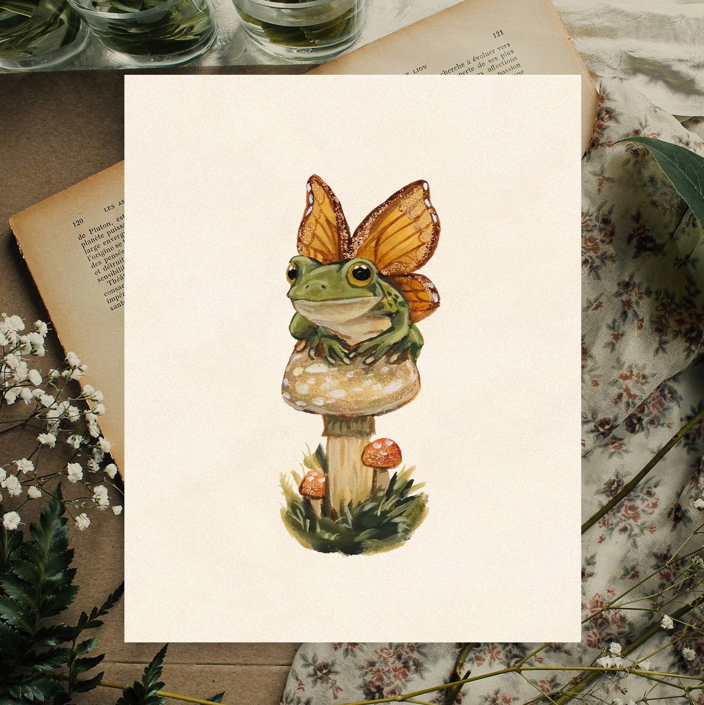 Fairy Frog, Mushroom Art Print - 8x10