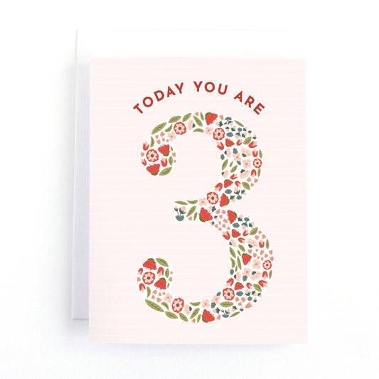 Greeting card with floral number '3' and text 'TODAY YOU ARE 3' on a light pink background