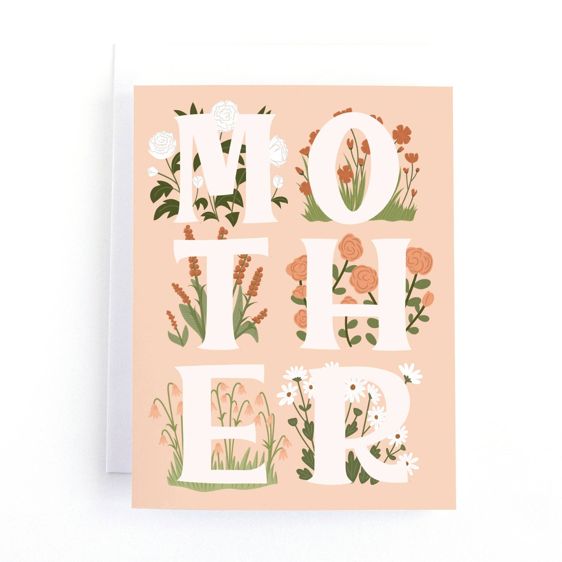 Mother's Day card with 'MOTHER' text surrounded by floral designs on a peach background