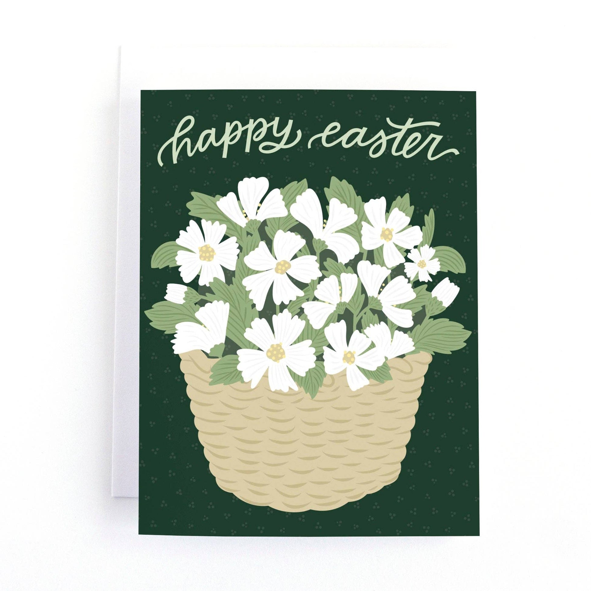 Greeting card with a basket of white flowers and 'Happy Easter' text on a green background