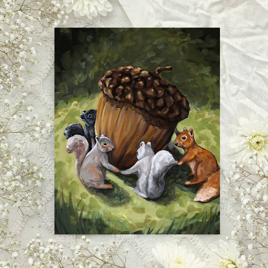 Squirrels, Acorn Art Print - 8x10