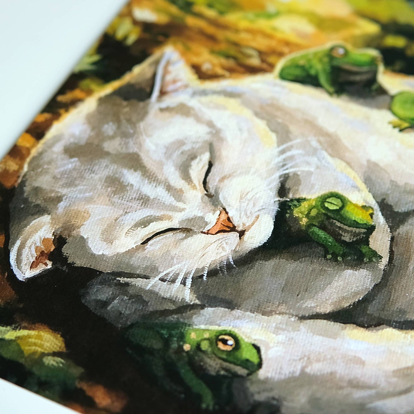 Cat and Frogs Art Print - 8x8