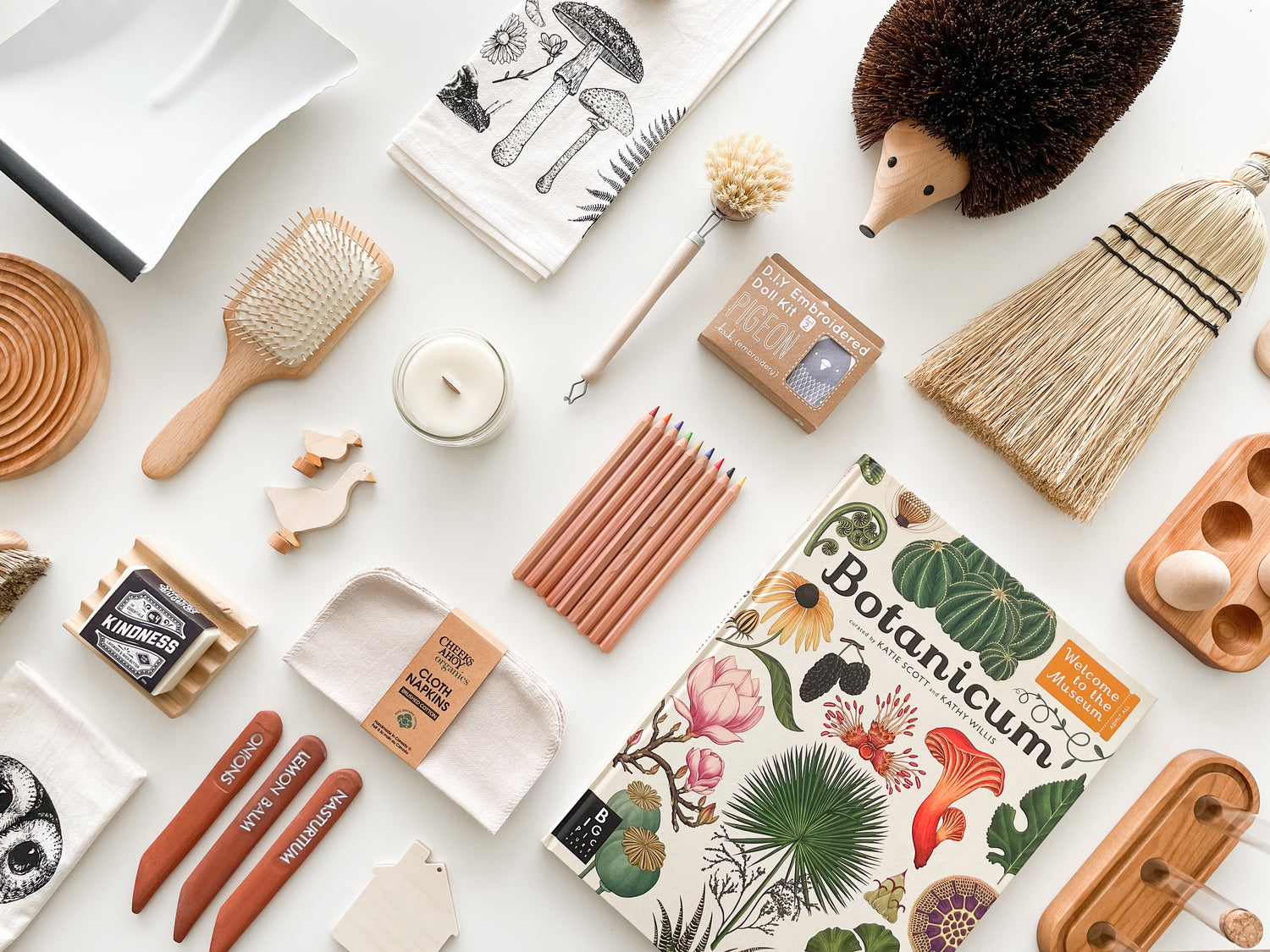 A flat lay of products from the shop