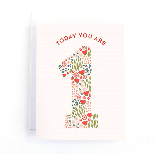 Greeting card with floral number '1' and text 'TODAY YOU ARE 1' on a white background