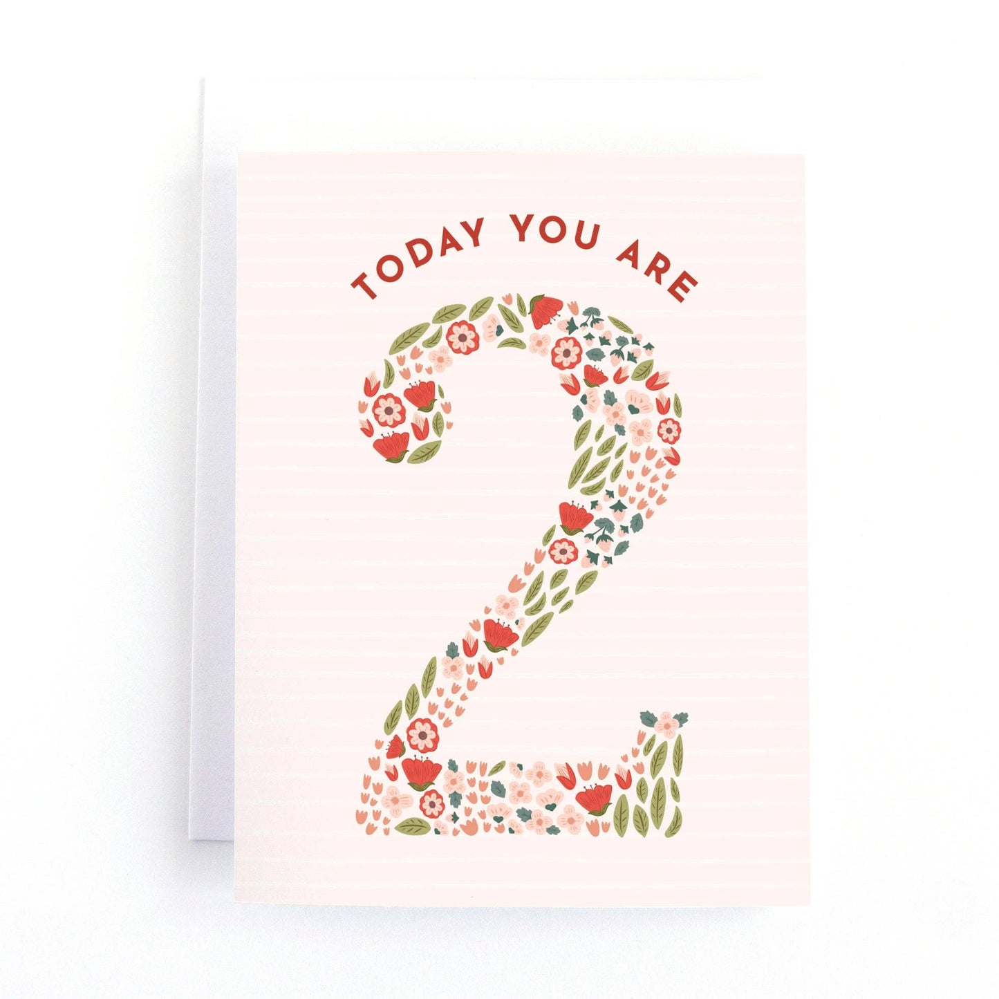 Greeting card with floral number '2' and text 'TODAY YOU ARE 2' on a light pink background