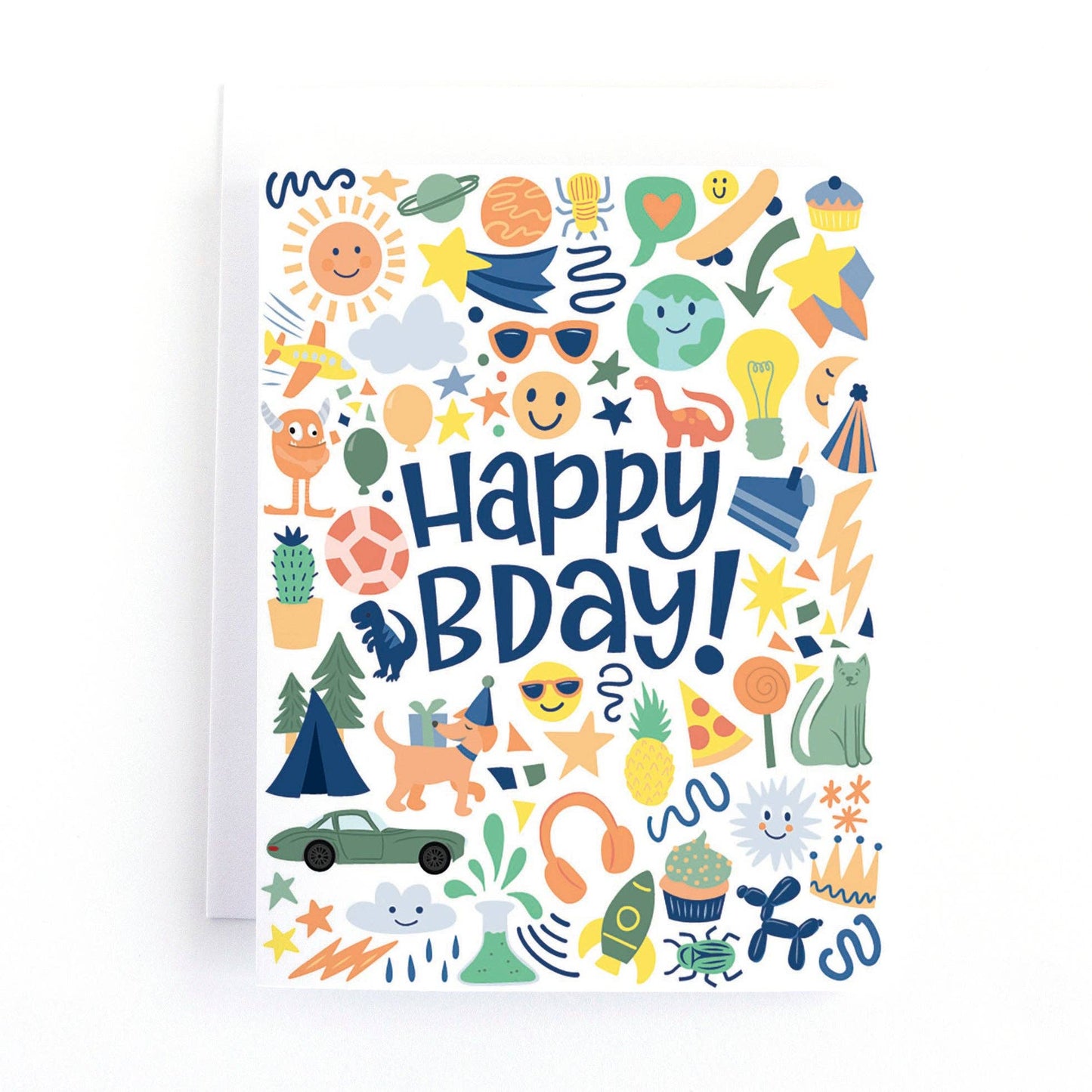 Colorful birthday card with various illustrations and 'Happy Birthday!' text on a white background