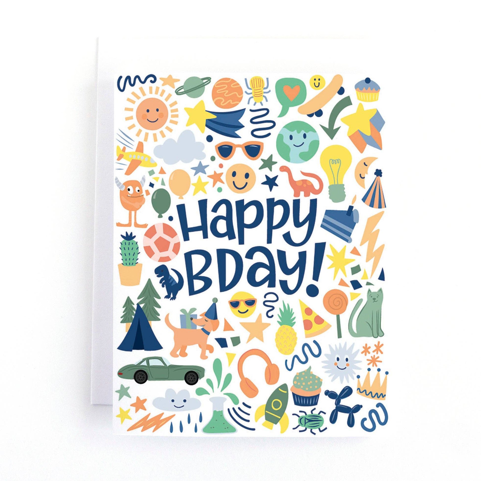 Colorful birthday card with various illustrations and 'Happy Birthday!' text on a white background