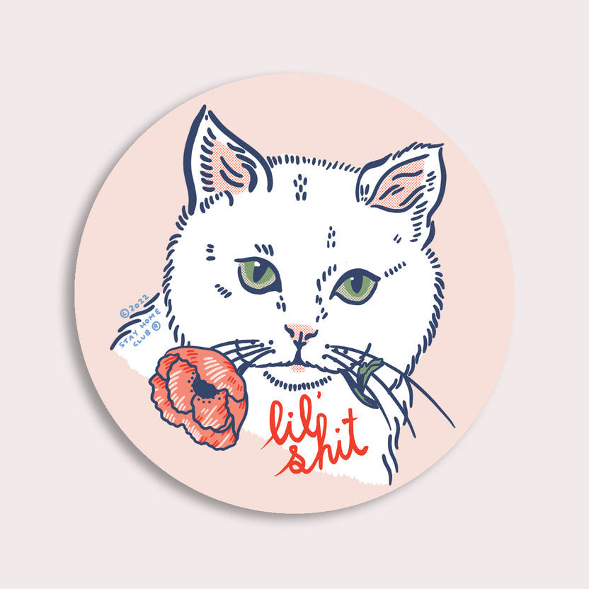 Round sticker with a cat illustration and text on a light pink background