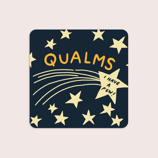 Coaster with 'QUALMS' text and star design on a beige background
