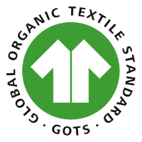 The GOTS logo of a white shirt on a green background.